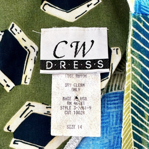 🌎VINTAGE Abstract Graphic Boho Print Blue Green Dress - Picture 7 of 8